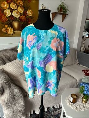 Womens Vintage Turquoise Floral Short Sleeve Top Nannycore Size XL- 1X Fit